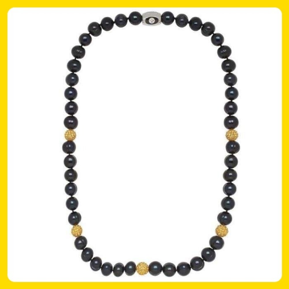 Pittsburgh Steelers‎ Pearl Necklace w/ Gold CZ, 18" Magnetic, New in Box